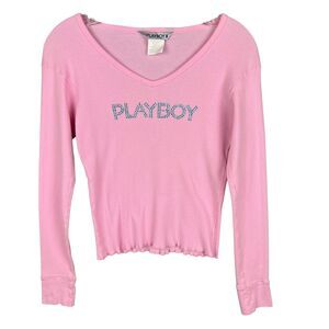 Playboy Pink Turquoise Rhinestone Logo Ribbed Crop Top Long Sleeve Small